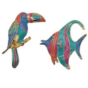 VTG Brooch 2PC Tropical Angel Fish Toucan Bird Pastel Gold Tones Retro Beach Pin